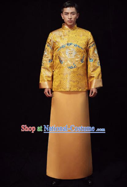 Chinese Traditional Wedding Costumes Ancient Bridegroom Yellow Long Gown for Men