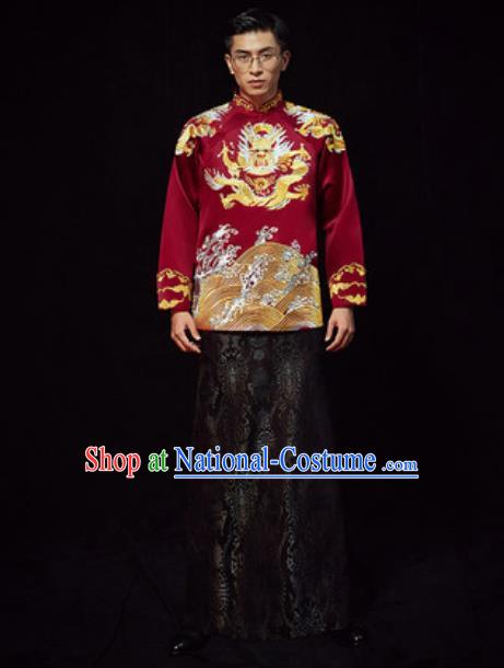 Chinese Traditional Wedding Costumes Ancient Bridegroom Wine Red Long Gown for Men