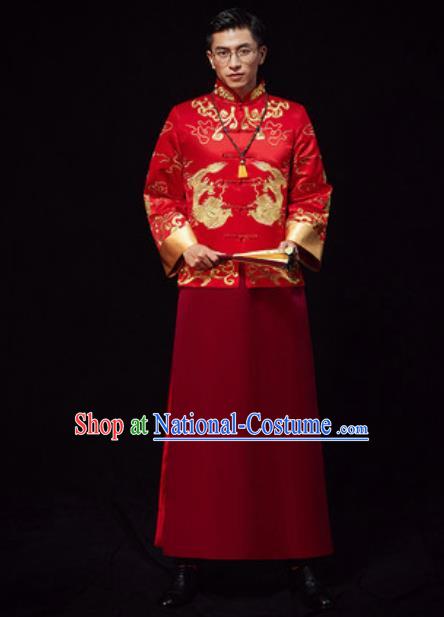 Chinese Traditional Wedding Red Costumes Ancient Bridegroom Toast Clothing for Men