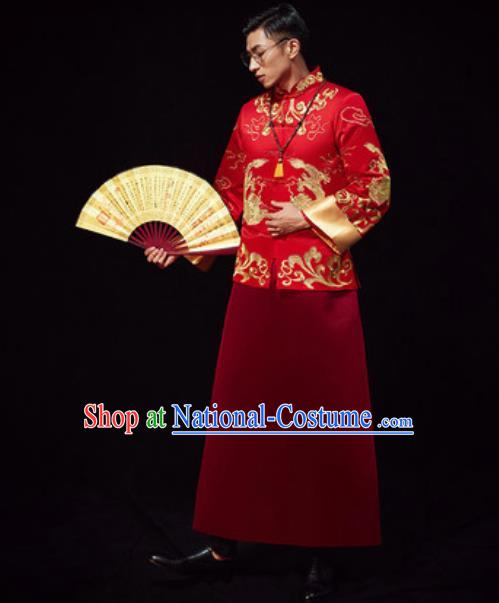 Chinese Traditional Wedding Red Costumes Ancient Bridegroom Toast Clothing for Men