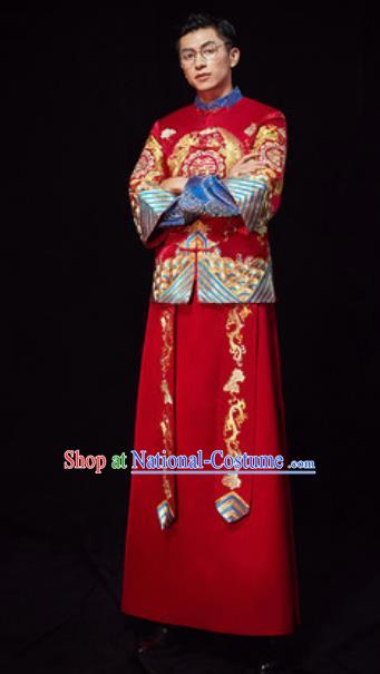 Chinese Traditional Wedding Red Embroidered Costumes Ancient Bridegroom Toast Clothing for Men