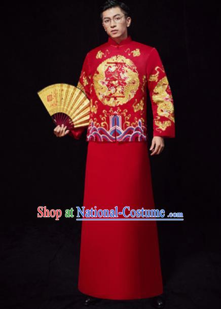 Chinese Traditional Wedding Embroidered Costumes Red Gown Ancient Bridegroom Toast Clothing for Men