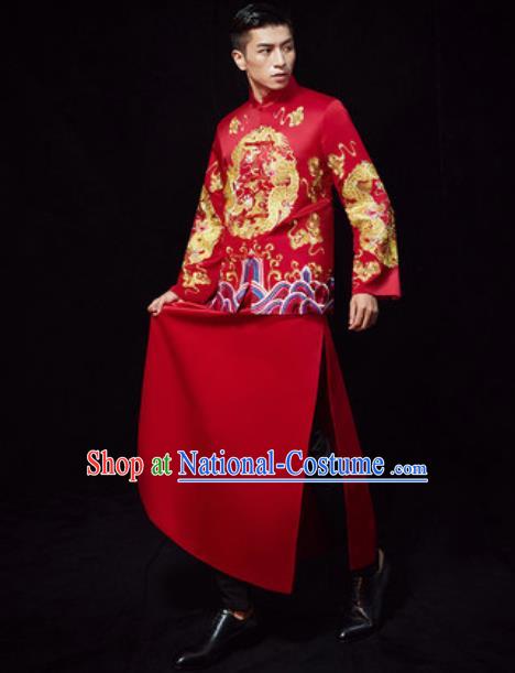 Chinese Traditional Wedding Embroidered Costumes Red Gown Ancient Bridegroom Toast Clothing for Men