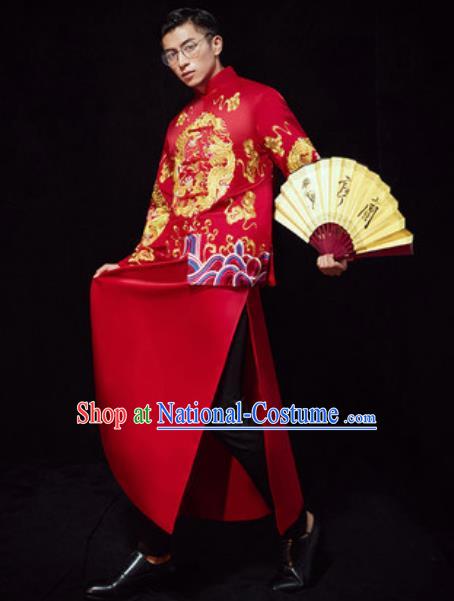 Chinese Traditional Wedding Embroidered Costumes Red Gown Ancient Bridegroom Toast Clothing for Men