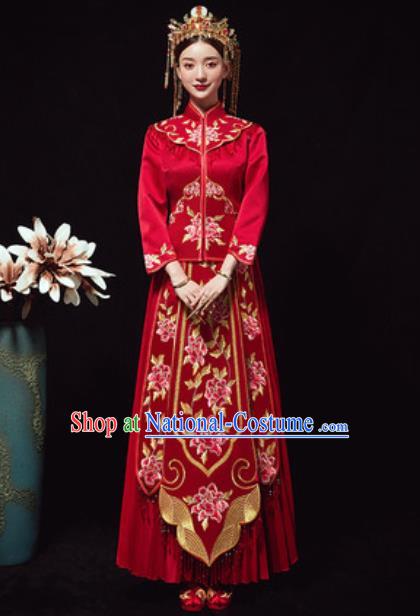 Chinese Traditional Red Xiuhe Suits Ancient Bride Embroidered Peony Wedding Dress for Women