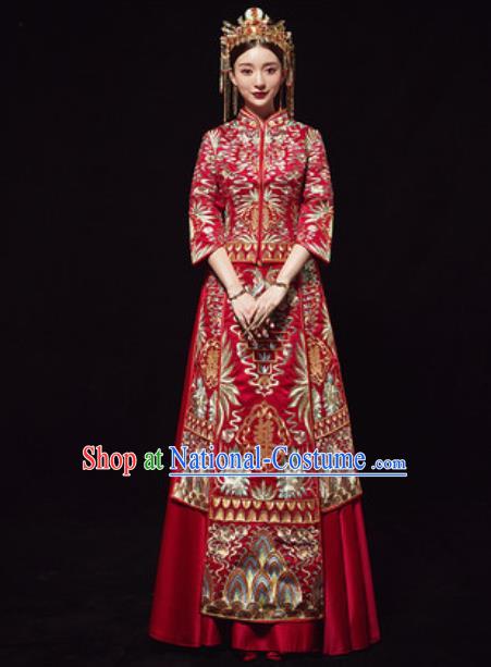 Chinese Traditional Wedding Costumes Embroidered Red Xiuhe Suits Ancient Bride Trailing Dress for Women