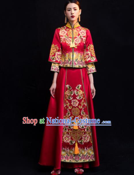 Traditional Chinese Wedding Costumes Ancient Bride Embroidered Peony Dress for Women