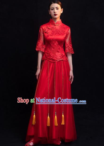 Traditional Chinese Wedding Costumes Ancient Bride Embroidered Red Lace Dress for Women