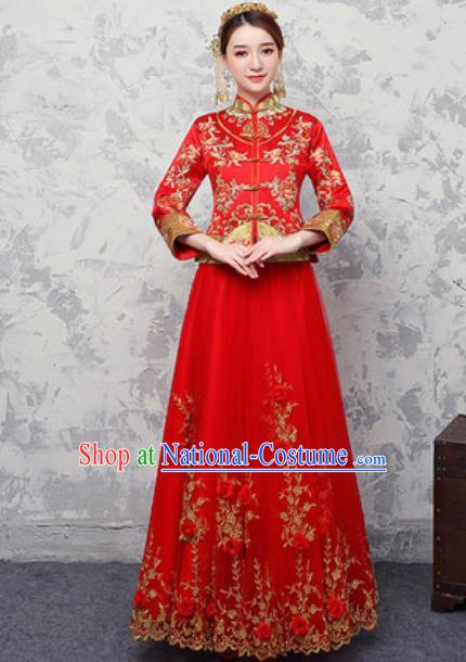 Traditional Chinese Wedding Costumes Ancient Bride Embroidered Peony Red Dress for Women