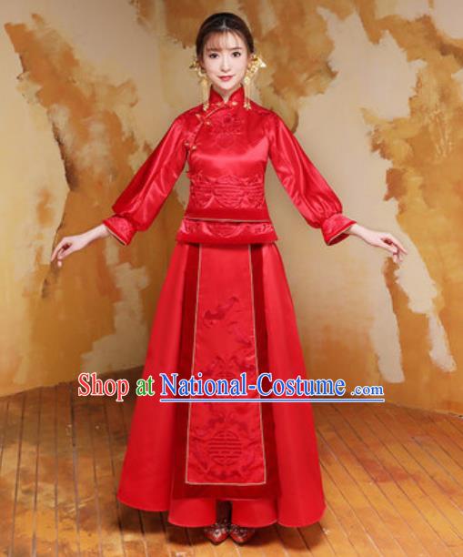 Traditional Chinese Wedding Bride Costumes Ancient Embroidered Red Dress for Women