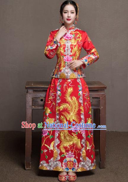 Traditional Chinese Wedding Bride Costumes Ancient Embroidered Phoenix Peony Red Dress for Women