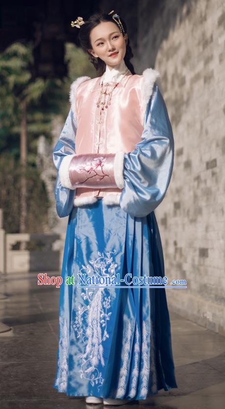 Chinese Ancient Ming Dynasty Princess Winter Costumes Traditional Embroidered Hanfu Dress for Women