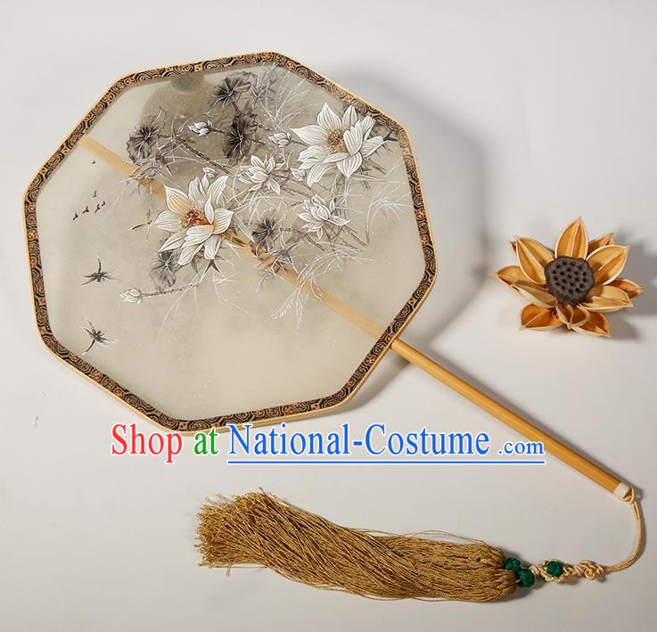 Chinese Traditional Hanfu Palace Fans Painting Lotus Fans Ancient Silk Round Fan for Women