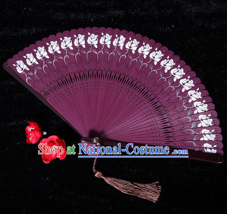 Chinese Traditional Crafts Purple Bamboo Folding Fans Pierced Fans Accordion Fan