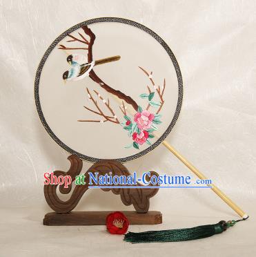 Chinese Traditional Palace Fans Embroidered Birds Round Fans Ancient Hanfu Silk Fan for Women