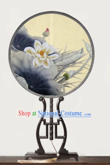 Chinese Traditional Palace Fans Redwood Round Fans Ancient Hanfu Printing Lotus Silk Fan for Women