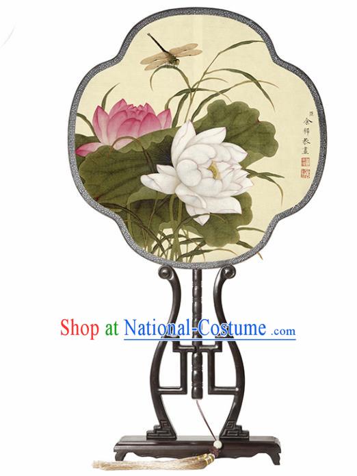 Chinese Traditional Palace Fans Redwood Fans Ancient Hanfu Printing Lotus Silk Fan for Women