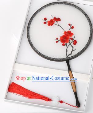 Chinese Traditional Palace Fans Embroidered Red Wintersweet Fans Ancient Hanfu Silk Round Fan for Women