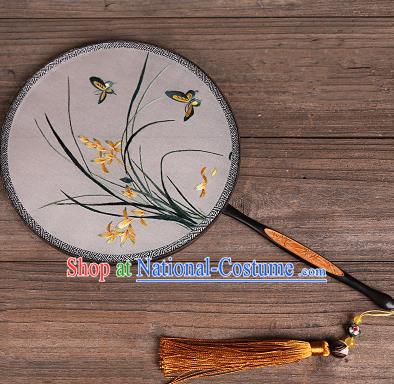 Chinese Traditional Palace Fans Embroidered Orchid Fans Ancient Hanfu Silk Round Fan for Women