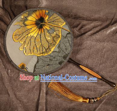 Chinese Traditional Palace Fans Embroidered Lotus Leaf Fans Ancient Hanfu Silk Round Fan for Women