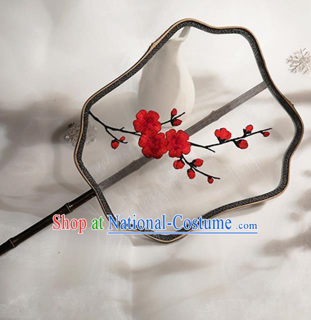 Chinese Traditional Palace Fans Hanfu Embroidered Red Wintersweet Round Fans Ancient Silk Fan for Women