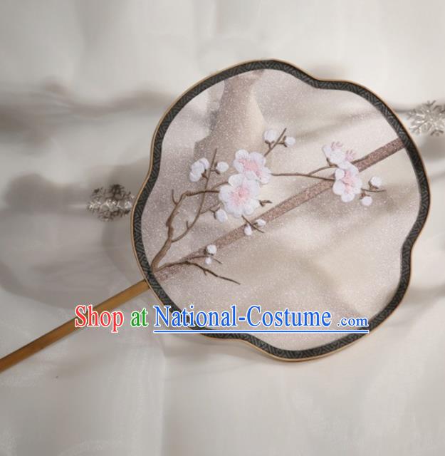 Chinese Traditional Palace Fans Hanfu Embroidered White Wintersweet Round Fans Ancient Silk Fan for Women