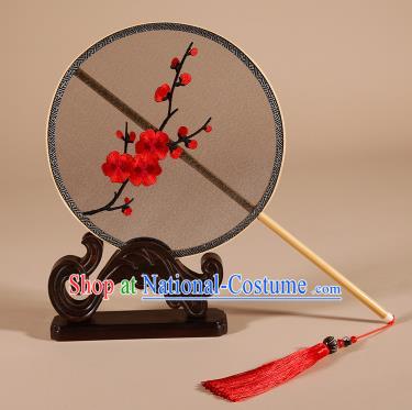 Chinese Traditional Palace Fans Hanfu Embroidered Red Plum Blossom Round Fans Ancient Silk Fan for Women