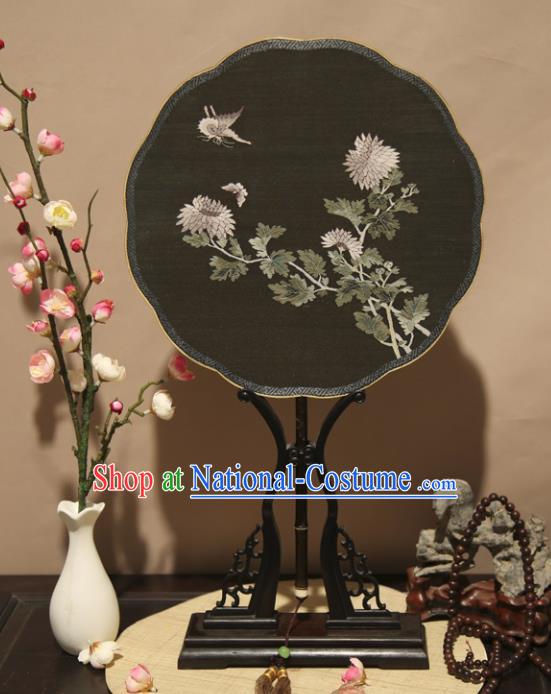 Chinese Ancient Traditional Palace Fans Hanfu Pure Silk Round Fans Embroidered Black Fan for Women