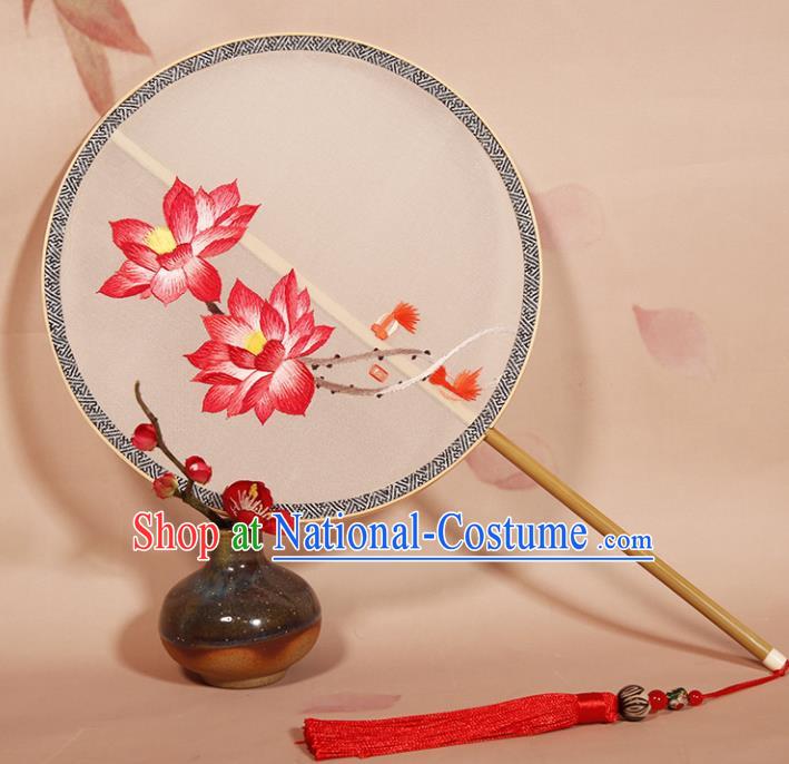 Chinese Ancient Princess Round Fan Traditional Embroidered Lotus Palace Fans Hanfu Silk Fans for Women