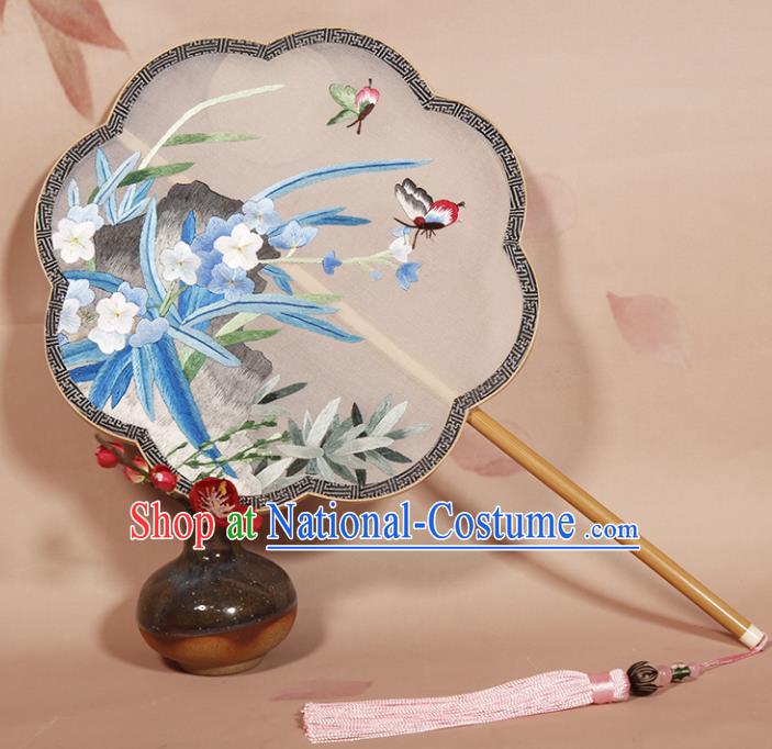 Chinese Ancient Princess Round Fan Traditional Embroidered Orchid Palace Fans Hanfu Silk Fans for Women