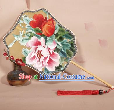 Chinese Ancient Princess Round Fan Traditional Embroidered Peony Palace Fans Hanfu Silk Fans for Women