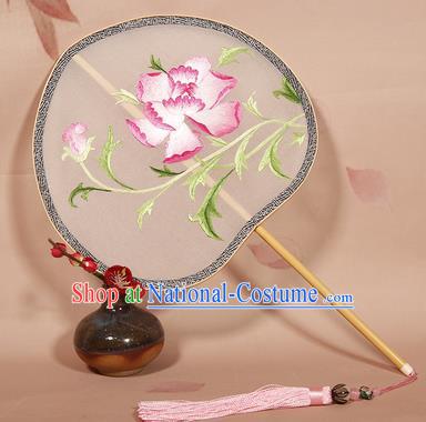 Chinese Ancient Princess Palace Fan Traditional Embroidered Pink Peony Hanfu Silk Fans for Women