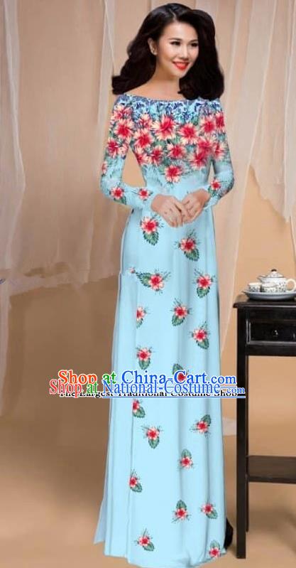 Asian Vietnam Traditional Printing Flowers Blue Cheongsam Vietnamese Classical Ao Dai Qipao Dress for Women