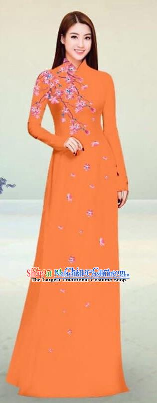 Asian Vietnam Traditional Orange Cheongsam Vietnamese Classical Ao Dai Qipao Dress for Women