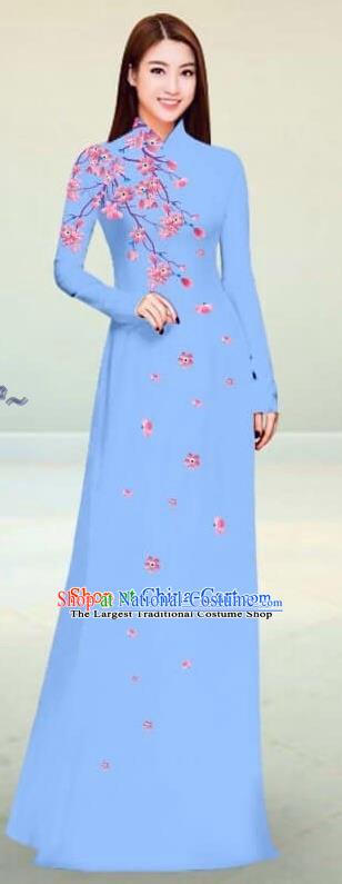 Asian Vietnam Traditional Blue Cheongsam Vietnamese Classical Ao Dai Qipao Dress for Women