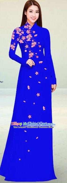 Asian Vietnam Traditional Royalblue Cheongsam Vietnamese Classical Ao Dai Qipao Dress for Women