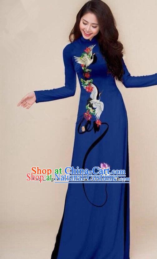 Asian Vietnam Traditional Printing Cranes Navy Cheongsam Vietnamese Classical Ao Dai Qipao Dress for Women