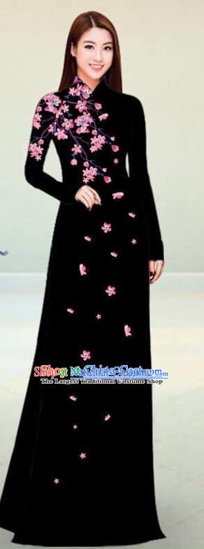 Asian Vietnam Traditional Black Cheongsam Vietnamese Classical Ao Dai Qipao Dress for Women