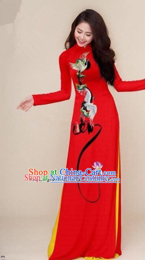 Asian Vietnam Traditional Printing Cranes Red Cheongsam Vietnamese Classical Ao Dai Qipao Dress for Women