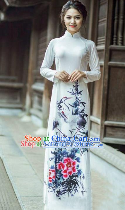 Asian Vietnam Traditional Printing Peony Cheongsam Vietnamese Classical Ao Dai Qipao Dress for Women