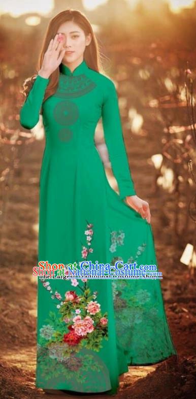 Asian Vietnam Traditional Printing Peony Deep Green Cheongsam Vietnamese Classical Ao Dai Qipao Dress for Women