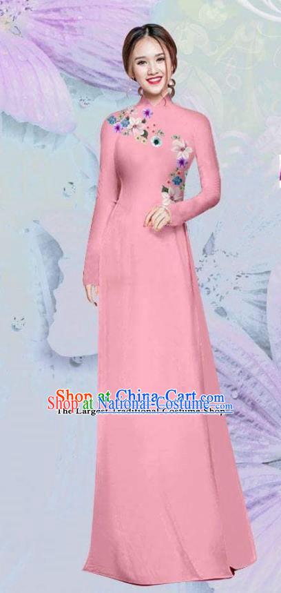 Asian Vietnam Traditional Cheongsam Vietnamese Classical Pink Ao Dai Qipao Dress for Women