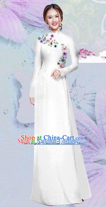 Asian Vietnam Traditional Cheongsam Vietnamese Classical White Ao Dai Qipao Dress for Women