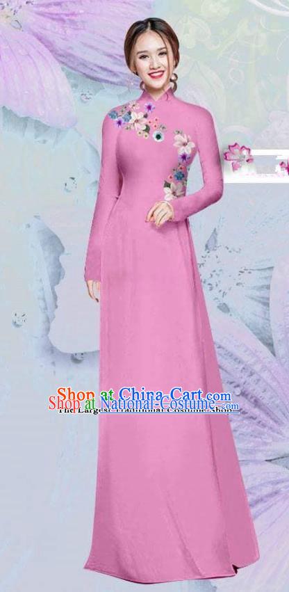 Asian Vietnam Traditional Cheongsam Vietnamese Classical Peach Pink Ao Dai Qipao Dress for Women