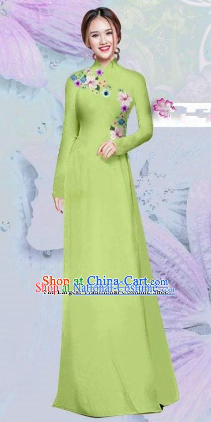 Asian Vietnam Traditional Cheongsam Vietnamese Classical Light Green Ao Dai Qipao Dress for Women