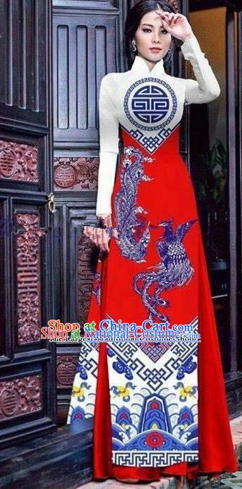 Asian Vietnam Traditional Printing Phoenix Red Cheongsam Vietnamese Ao Dai Qipao Dress for Women