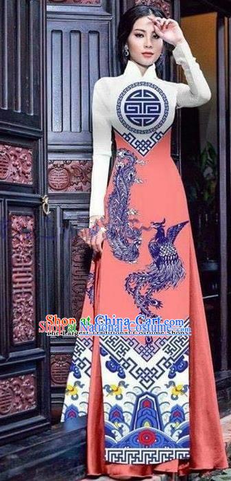 Asian Vietnam Traditional Printing Phoenix Pink Cheongsam Vietnamese Ao Dai Qipao Dress for Women