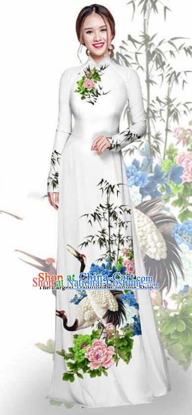 Asian Vietnam Traditional Printing Crane Peony White Cheongsam Vietnamese Ao Dai Qipao Dress for Women