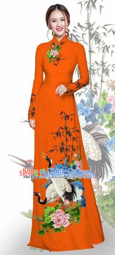 Asian Vietnam Traditional Printing Crane Peony Orange Cheongsam Vietnamese Ao Dai Qipao Dress for Women