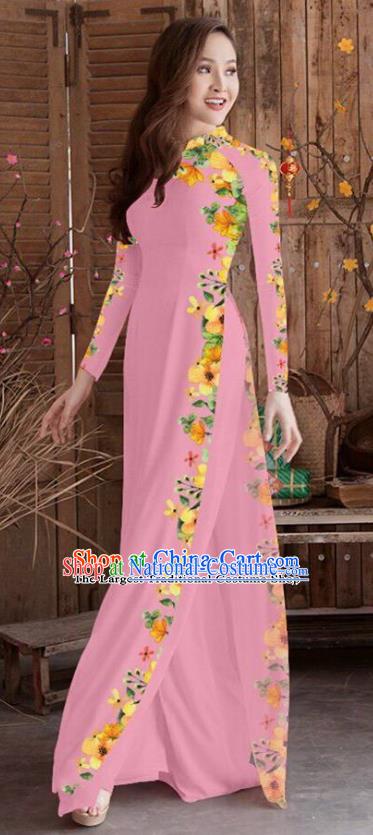 Asian Vietnam Traditional Printing Cheongsam Vietnamese Pink Ao Dai Qipao Dress for Women